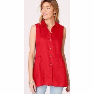 J Jill Love Linen Hibiscus Red Peplum Sleeveless Button Up Tunic Top XS